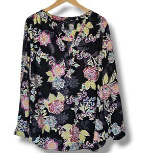 Investments Blouse Black Semi Sheer Dark Floral Size 3X Lightweight Slight Flaw
